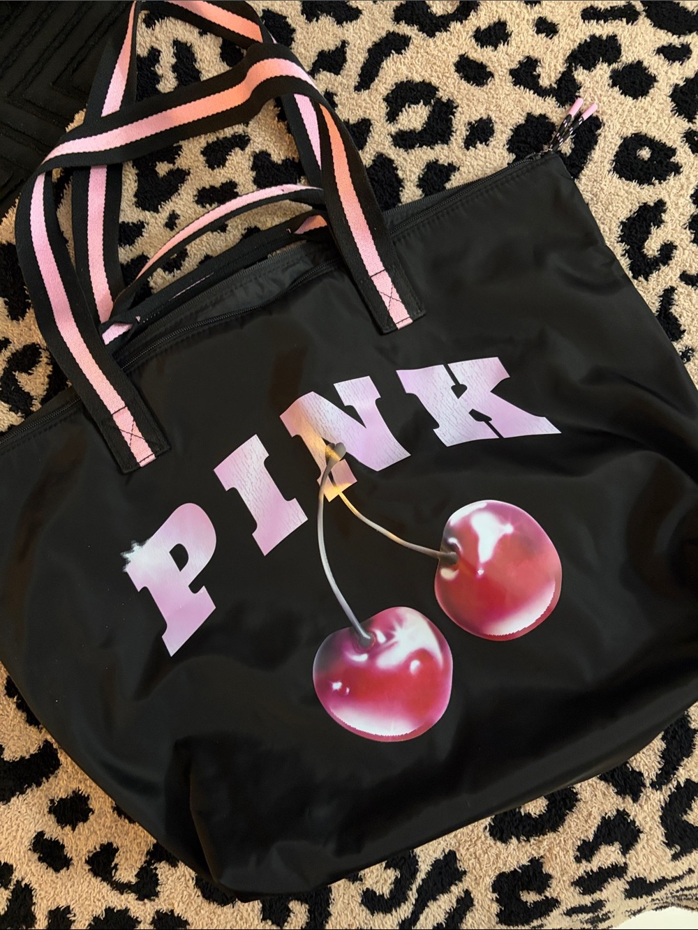 Pink nylon cherry tote bag